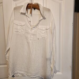 Linen lace up collar Summer Long Sleeve Top